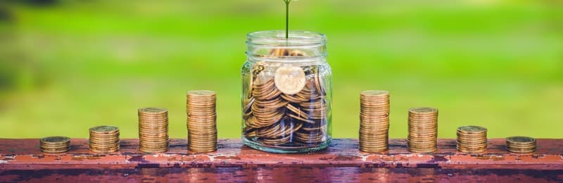 green plant growing on coin in glass jar and coin stack on wood table in park with blur nature background.business financial banking saving concept.investment profit income.marketing startup success.